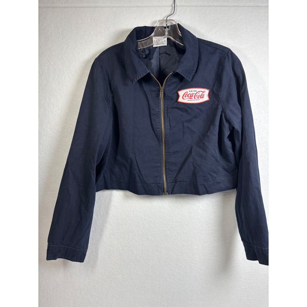 Coca Cola Jacket Womens M Navy Cropped Garage Workwear Mechanic Full Zip Patch